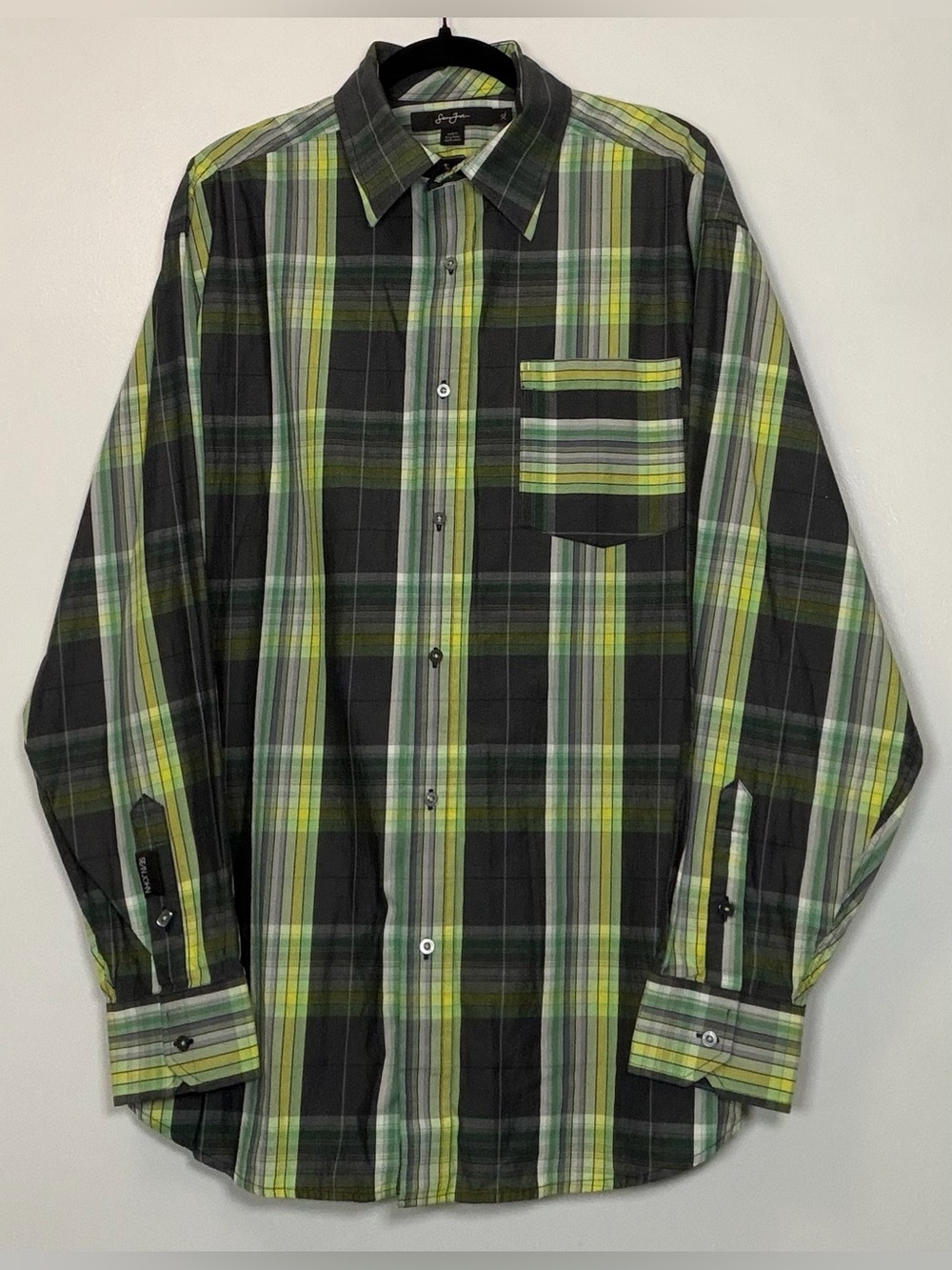 Sean John Black and Green Plaid Button-Down Shirt